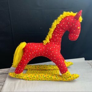 Vtg handmade fabric rocking horse Cottagecore red and yellow 12in